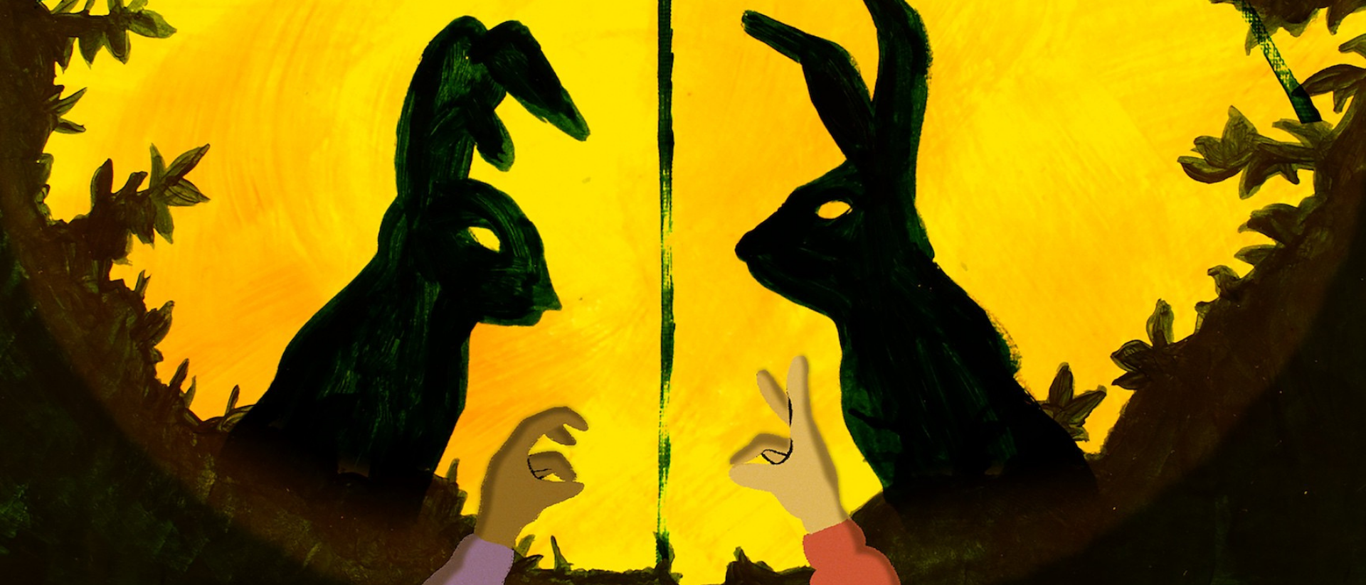 Gezeichnetes Schattenspiel: zwei Hände werfen Hasenschatten an die Hand