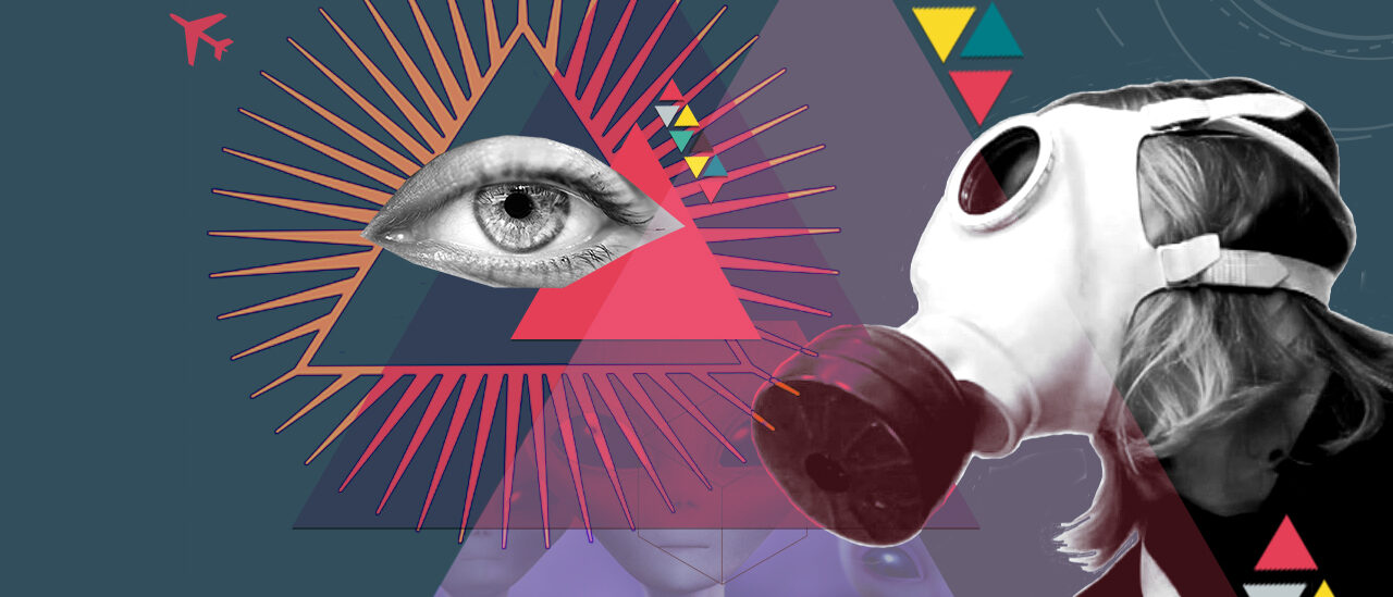 Grafik-Collage mit Augen im Dreieck, einem Mensch der eine Atemschutzmaske trägt und einem Alien im Hintergrund