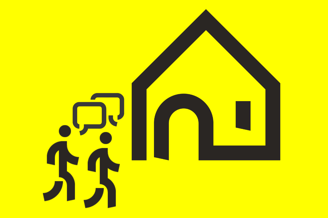 Icons mit zwei personen einem Haus und zwei Sprechblasen