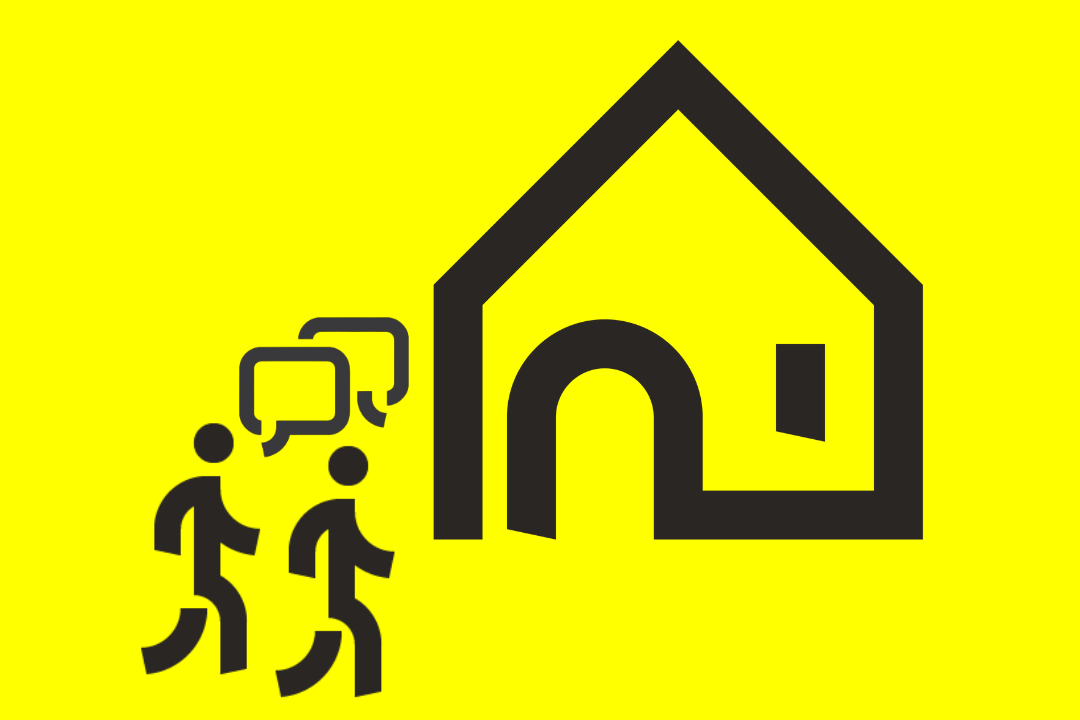 Icons mit zwei personen einem Haus und zwei Sprechblasen