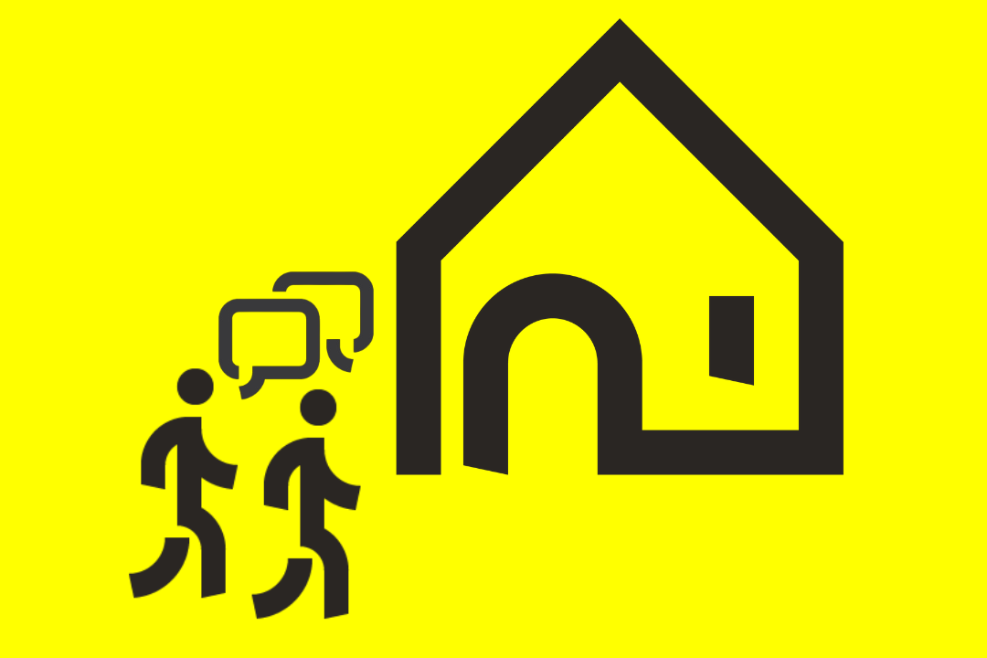 Eine Icon Zusammenstellung ist zu sehen von einem Haus und zwei Personen mit Sprechblasen über ihnen.