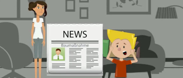 Zeichnung eines Wohnzimmers, in dem ein erschrockener kleiner Junge und seine Mutter stehen. Zwischen ihnen wird eine große Zeitung eingeblendet.