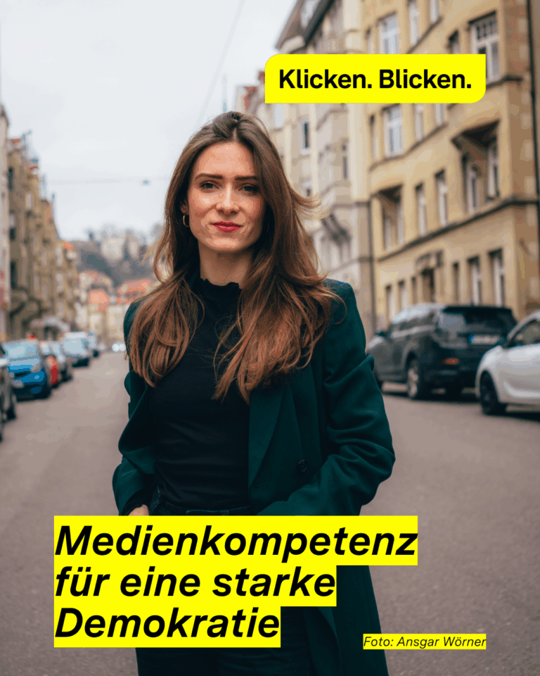 Ein Portrait des Journalistin Nina Poppel mit ihrem Zitat: Medienkompetenz für eine starke Demokratie.