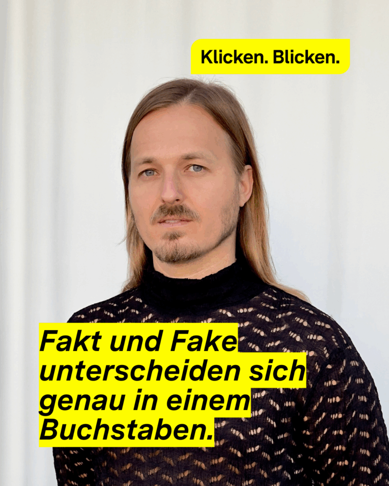 Ein Portrait von Konstantin Sibold auf derm steht: Fakt und Fake unterscheiden sich genau in einem Buchstaben.