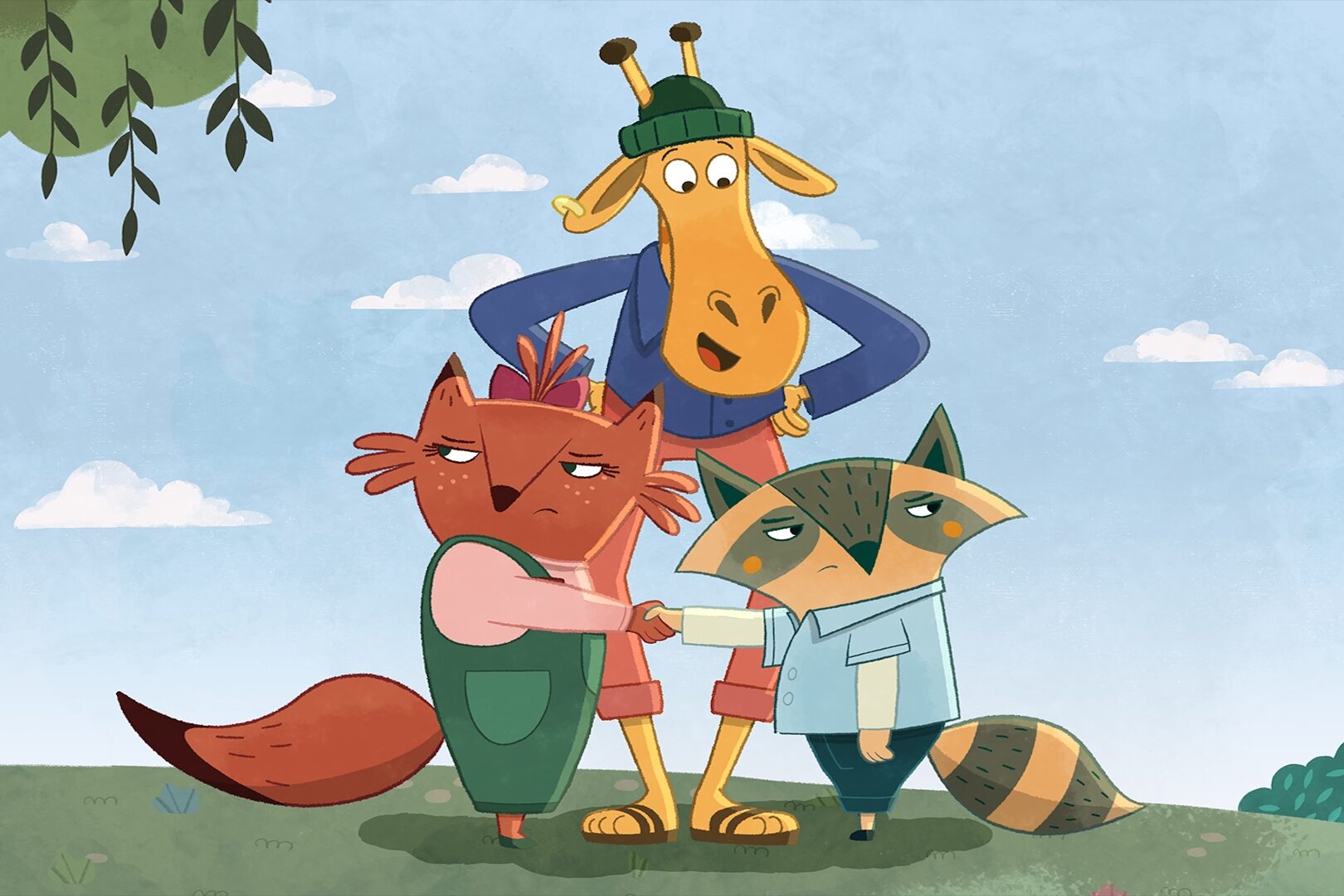 Drei Trickfilmfiguren die auf einer Wise stehen und sich die Hand schütteln. Ein Waschbär, ein Fuchs und eine Giraffe.