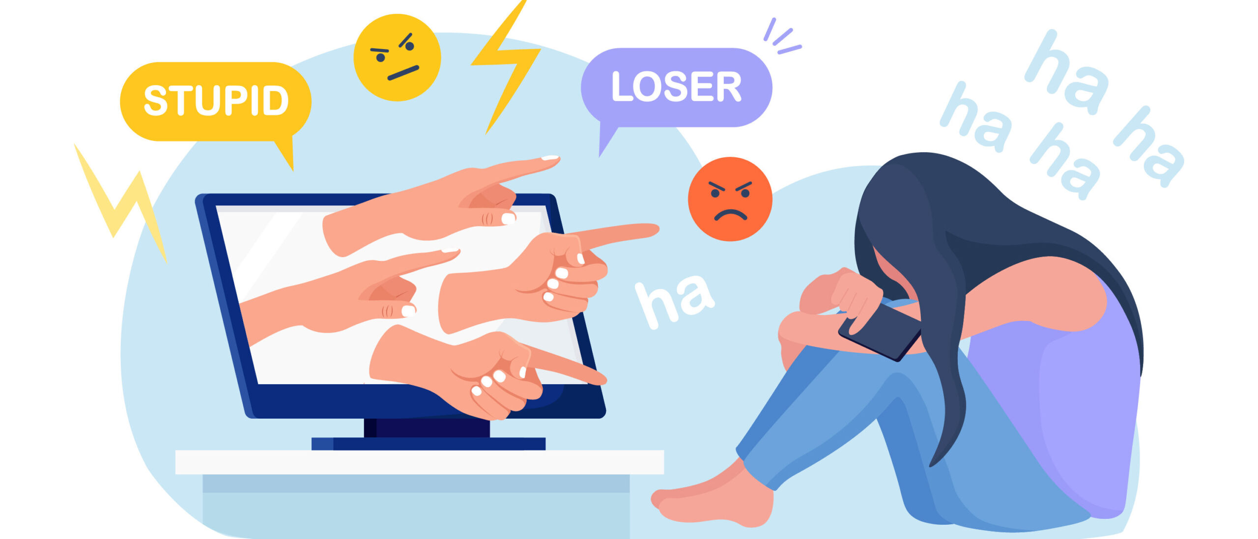 Grafik einer Frau, die niedergeschlagen vor ihrem Laptop sitzt. Aus dem Laptop kommen Hände, die auf sie zeigen uns Hasskommentare