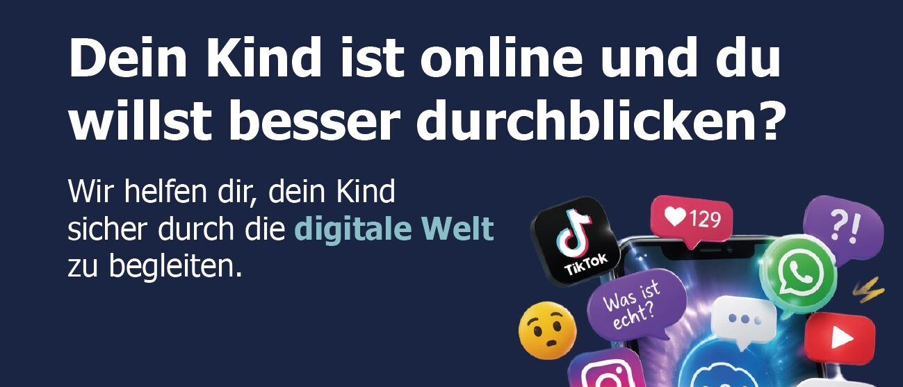 Vorderseite der Postkarte auf der steht: Dein Kind ist online und du willst besser durchblicken?