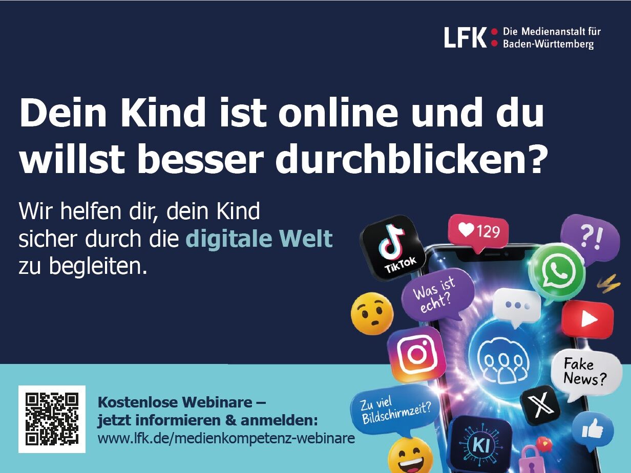 Vorderseite der Postkarte auf der steht: Dein Kind ist online und du willst besser durchblicken?