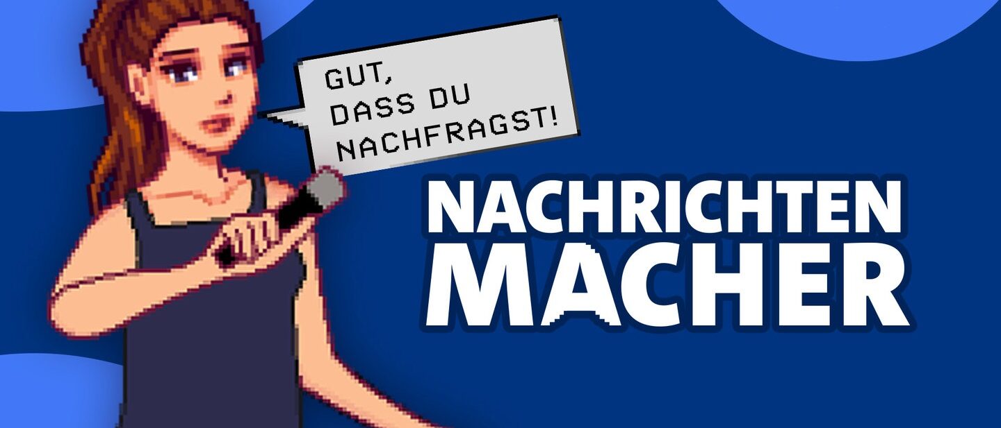 Die Spielfigur aus dem Seroius Game Nachrichtenmacher hält ein Mikrofon. Daneben steht der Titel des Spiels: Nachrichtenmacher.