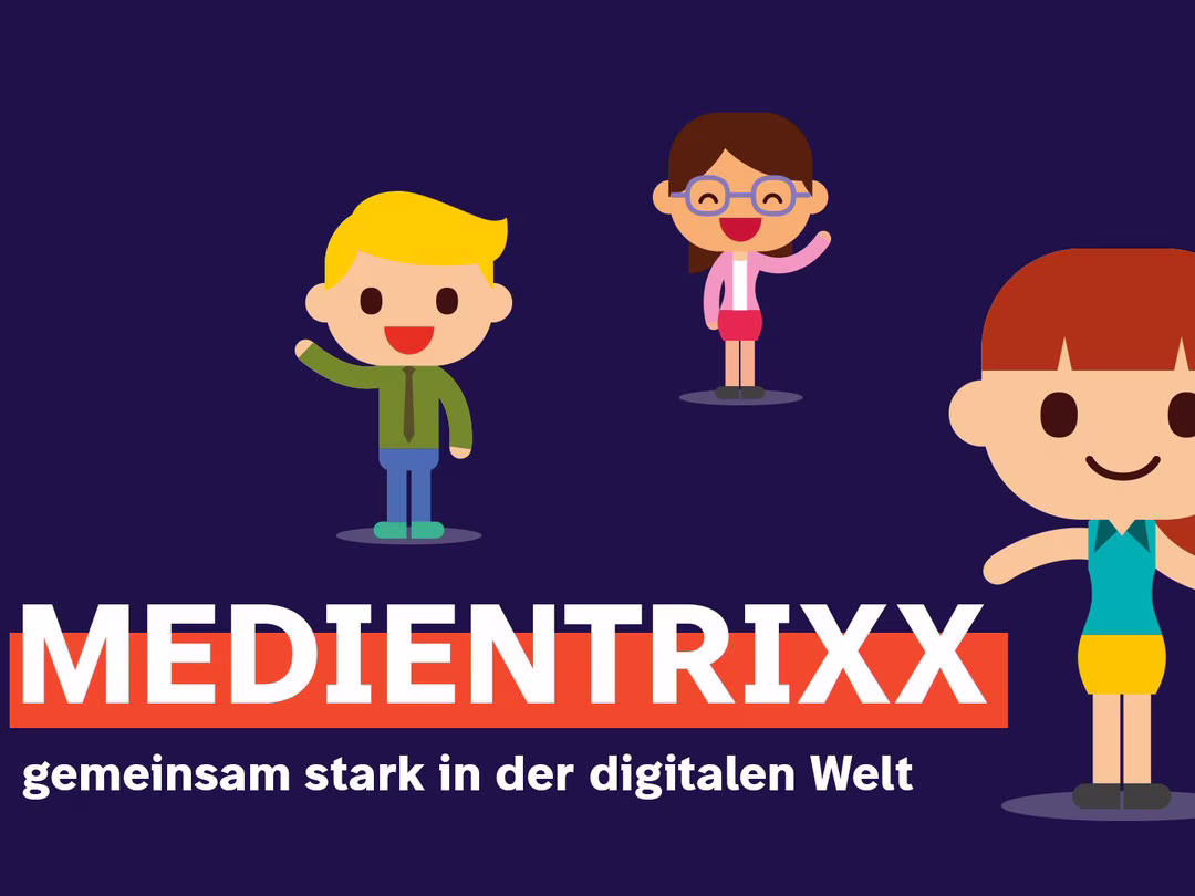 Logo des Projektes Medientrixx. Darauf streht der Projektname. Außerdem sind ein paar Zeichentrickfiguren mit verschiedenen Devices zu sehen.