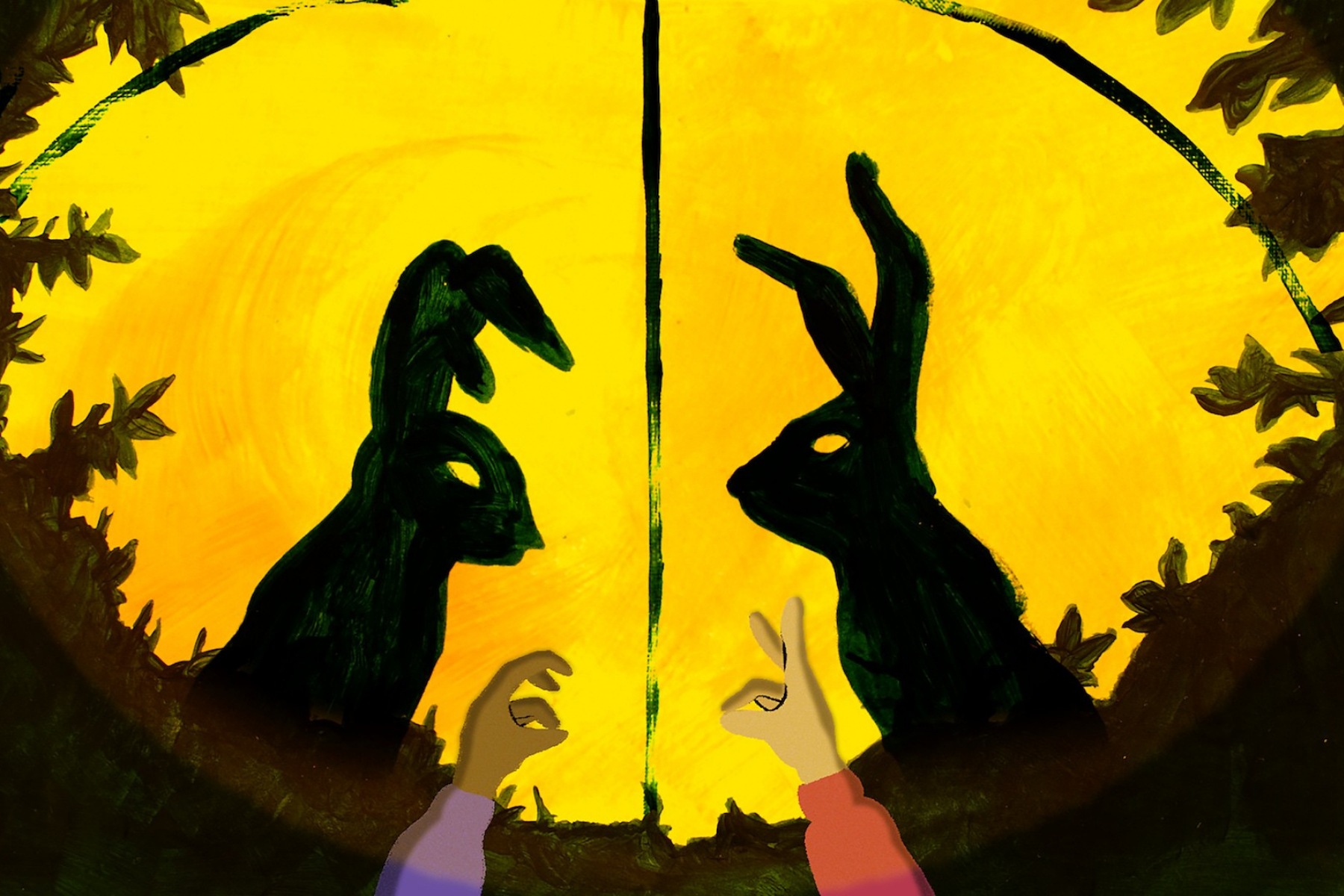 Gezeichnetes Schattenspiel: zwei Hände werfen Hasenschatten an die Hand