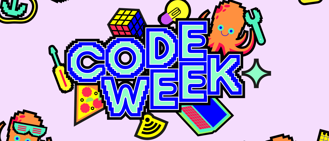 Das Plakat der Code WEek 2026 mit dem Schriftzug "Code Week" in GRaffiti Style
